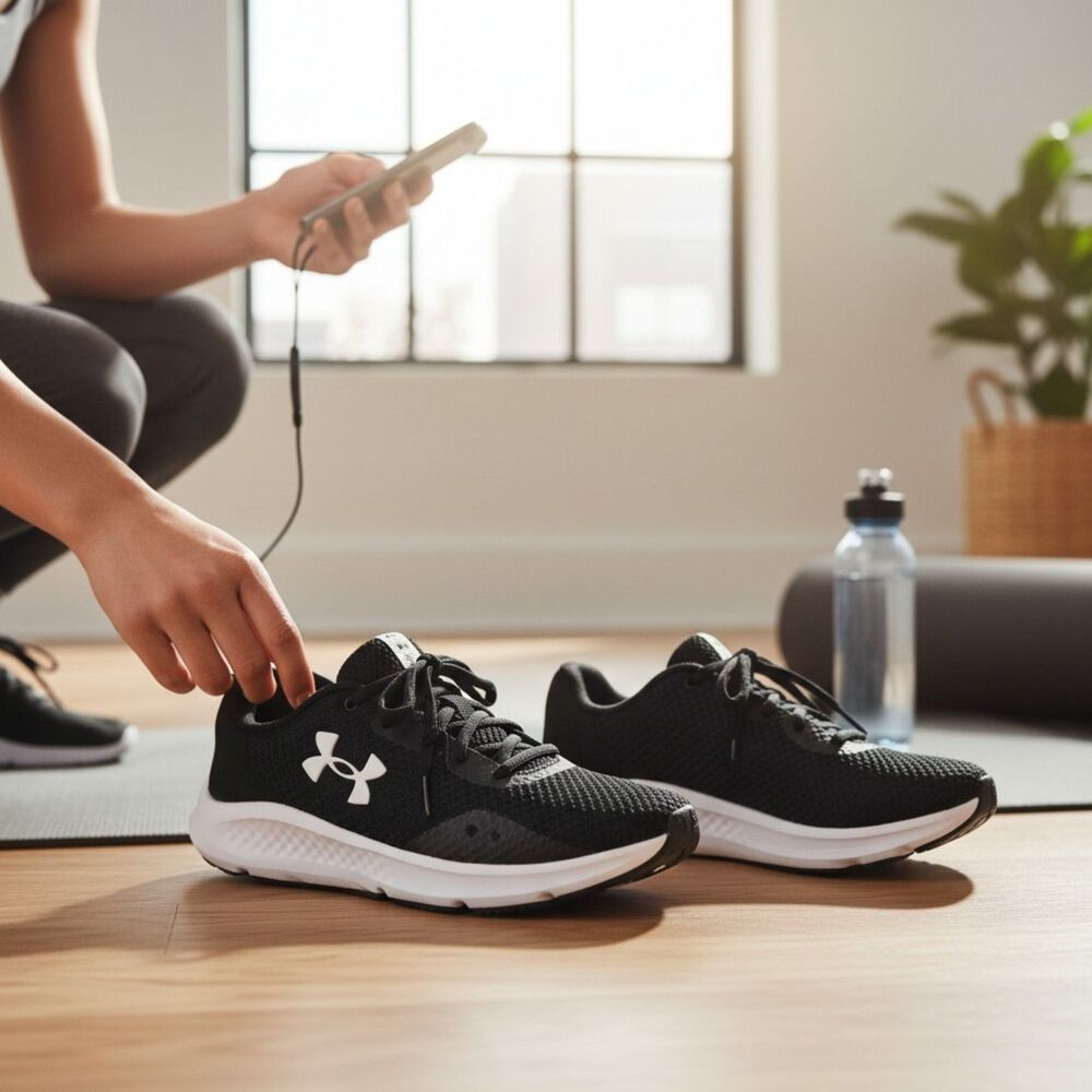 Under Armour Charged Pursuit 3 Black White Running Shoes Womens 7.5 Wide 2E